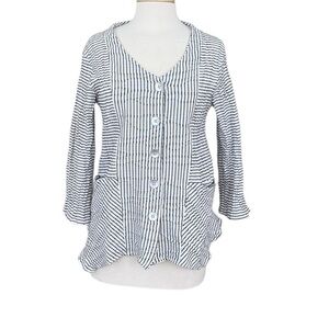 Linnea Women's Jacket White Stripped 3/4 Sleeve Textured Pocket Blazer Sz Medium